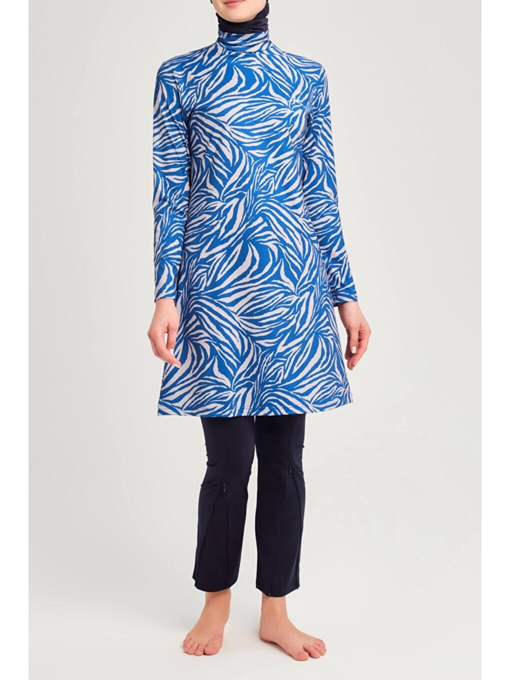 Çizgi Desenli Elastanlı Mavi 5 Parça Tam Tesettür Mayo Takımı 3160-1