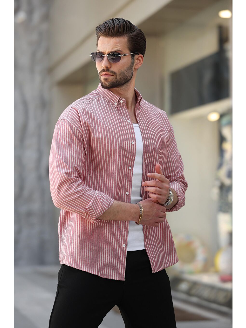 Bordo Çizgili Uzun Kollu Pamuklu Erkek Gömlek 6746-1