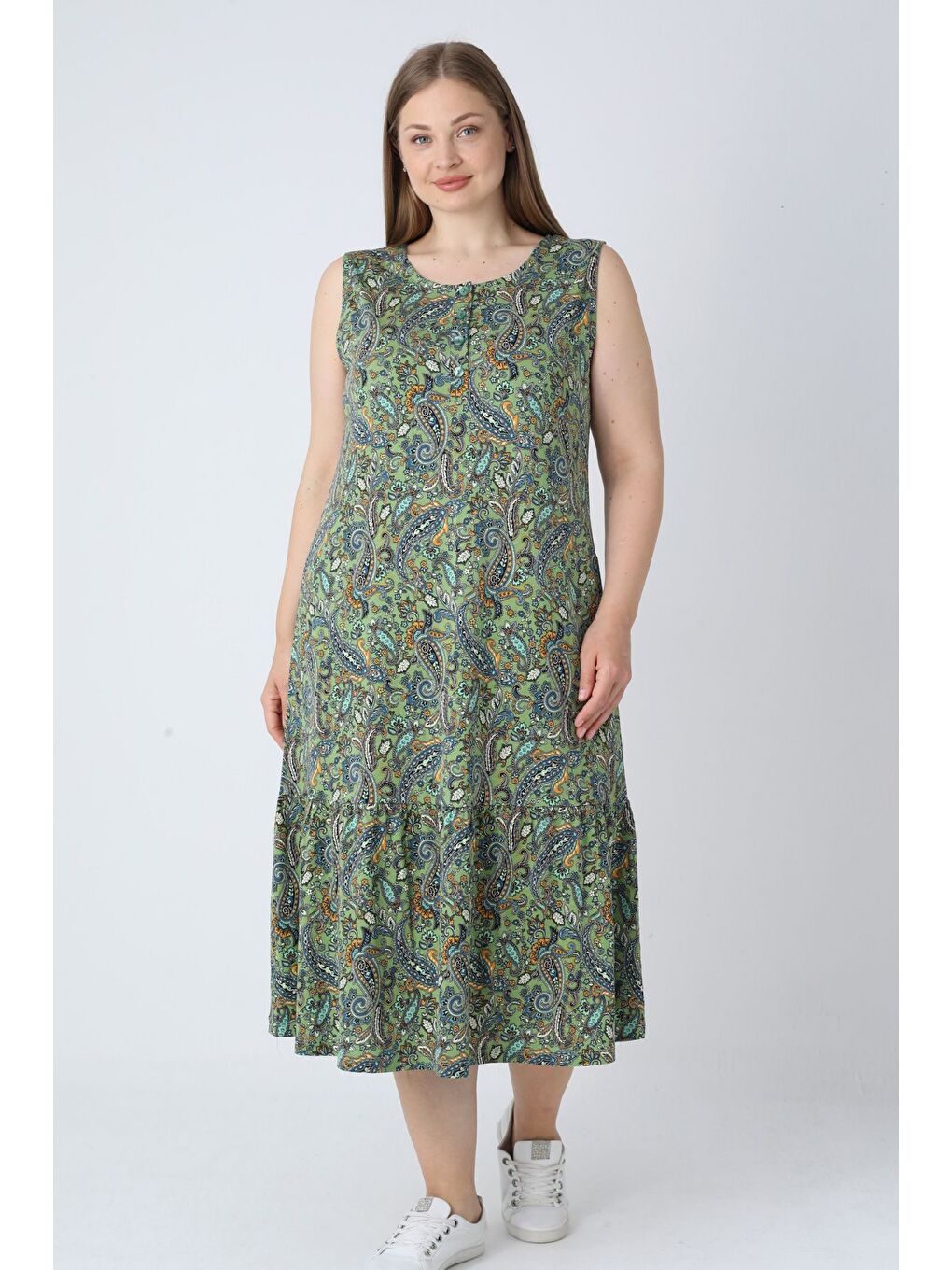 Yeşil Desenli Askılı Düğmeli Cepli Pamuklu Kadın Büyük Beden Elbise-2