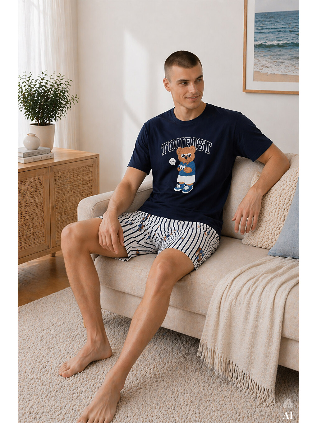 Erkek Pamuklu Lacivert Baskılı Çizgili Cepli Şortlu Pijama Takımı