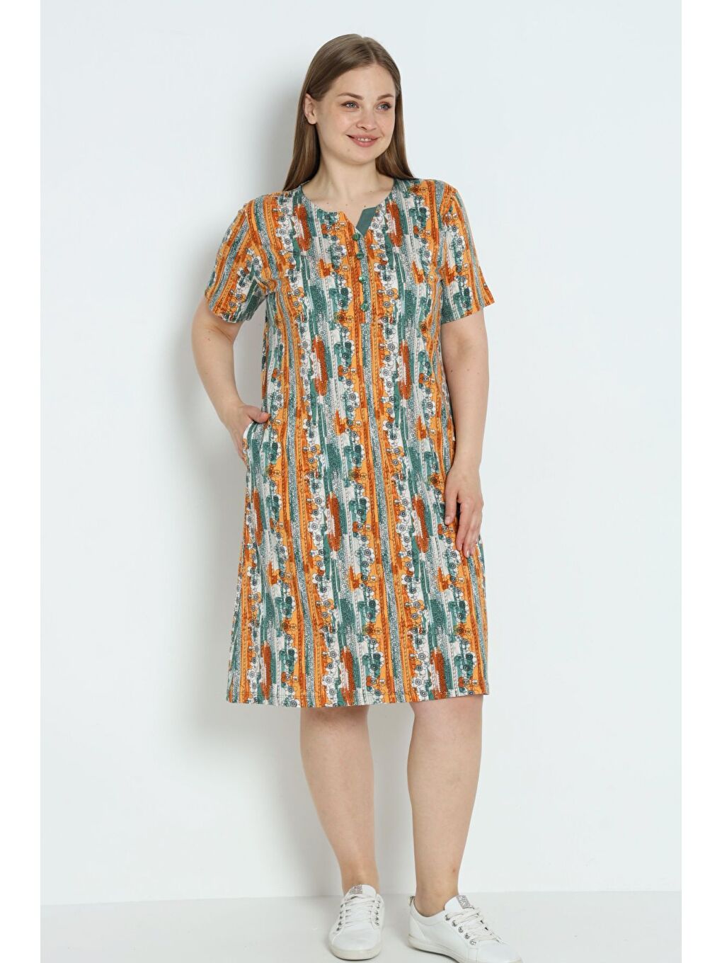 Turuncu Kadın Büyük Beden Desenli Cepli Düğmeli Pamuklu Elbise-2