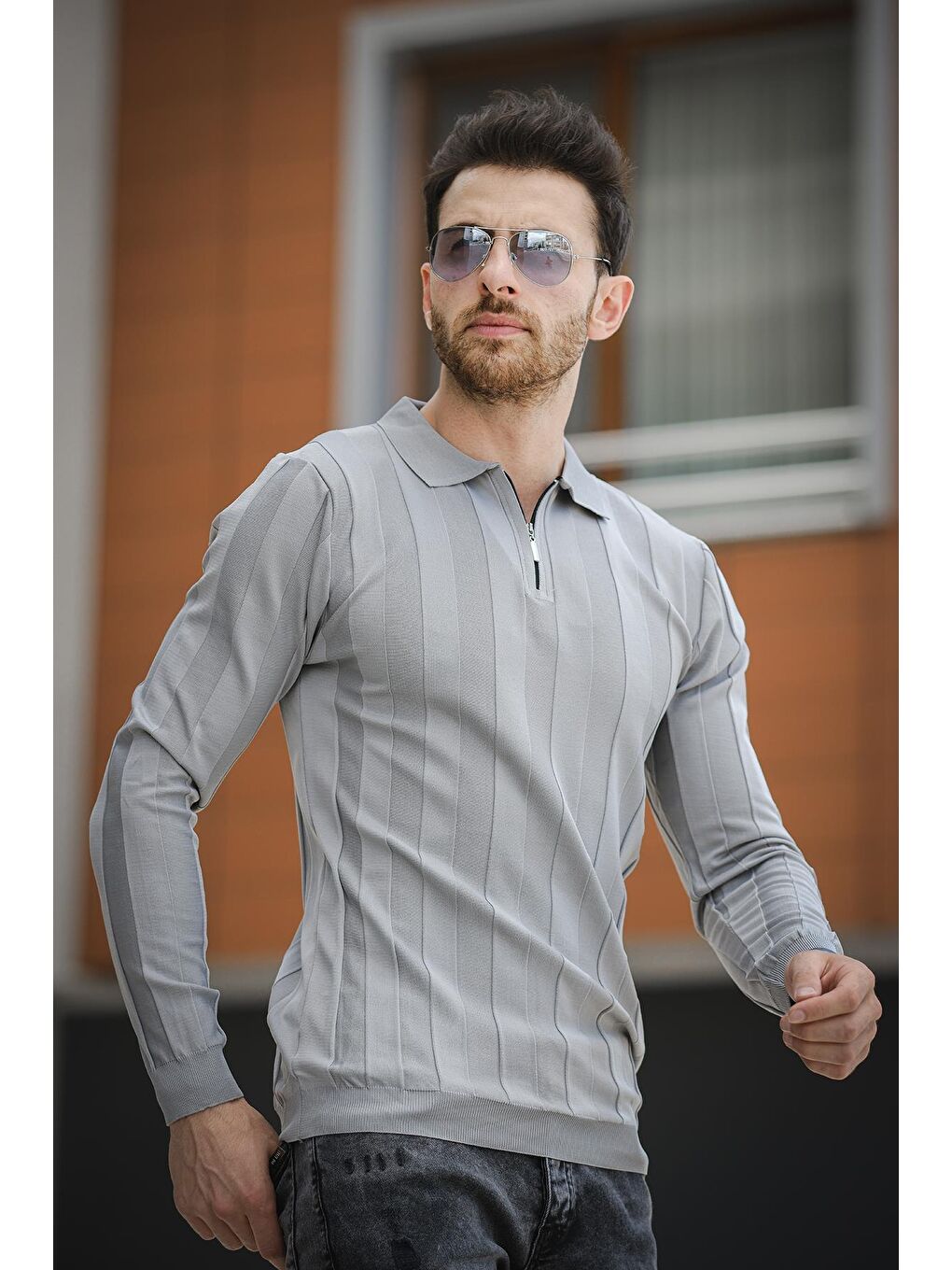 Gri Vilnius Slim Fit Çizgili Gömlek Yaka Yarım Fermuarlı Erkek Triko