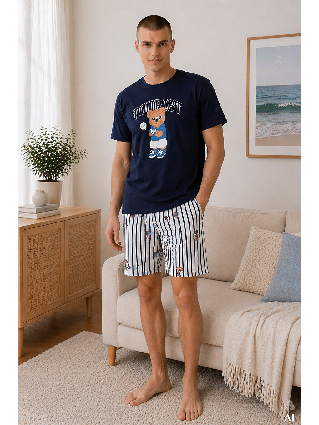 Erkek Pamuklu Lacivert Baskılı Çizgili Cepli Şortlu Pijama Takımı-1
