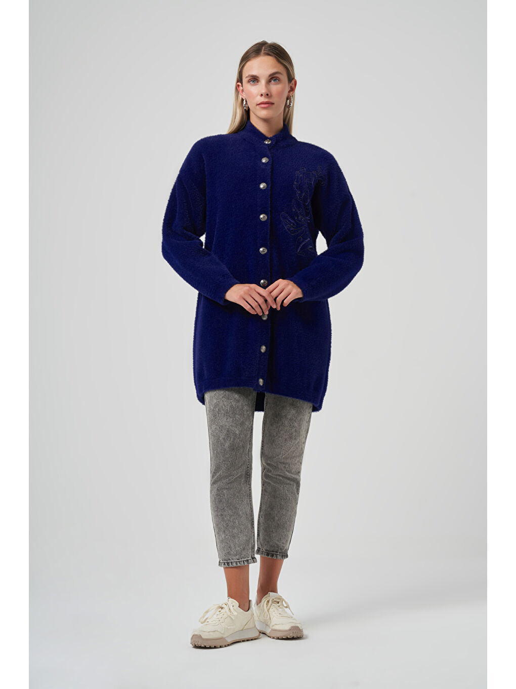 Mavi Nakış İşleme Detay Hırka 7007 Saks-1