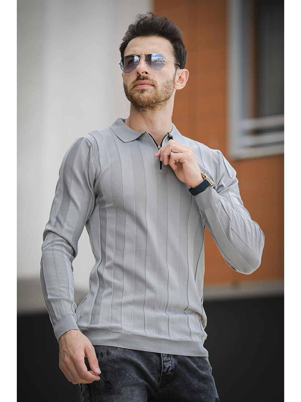 Gri Vilnius Slim Fit Çizgili Gömlek Yaka Yarım Fermuarlı Erkek Triko-2