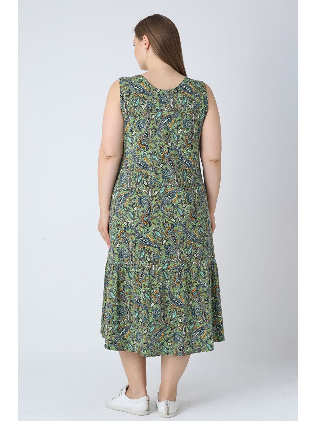 Yeşil Desenli Askılı Düğmeli Cepli Pamuklu Kadın Büyük Beden Elbise-5