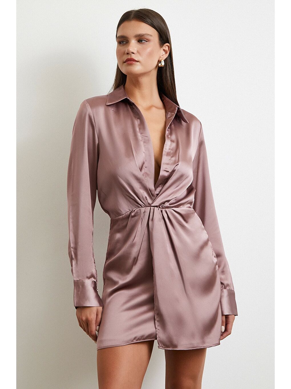 Viskon Saten Gömlek Elbise Yeşil