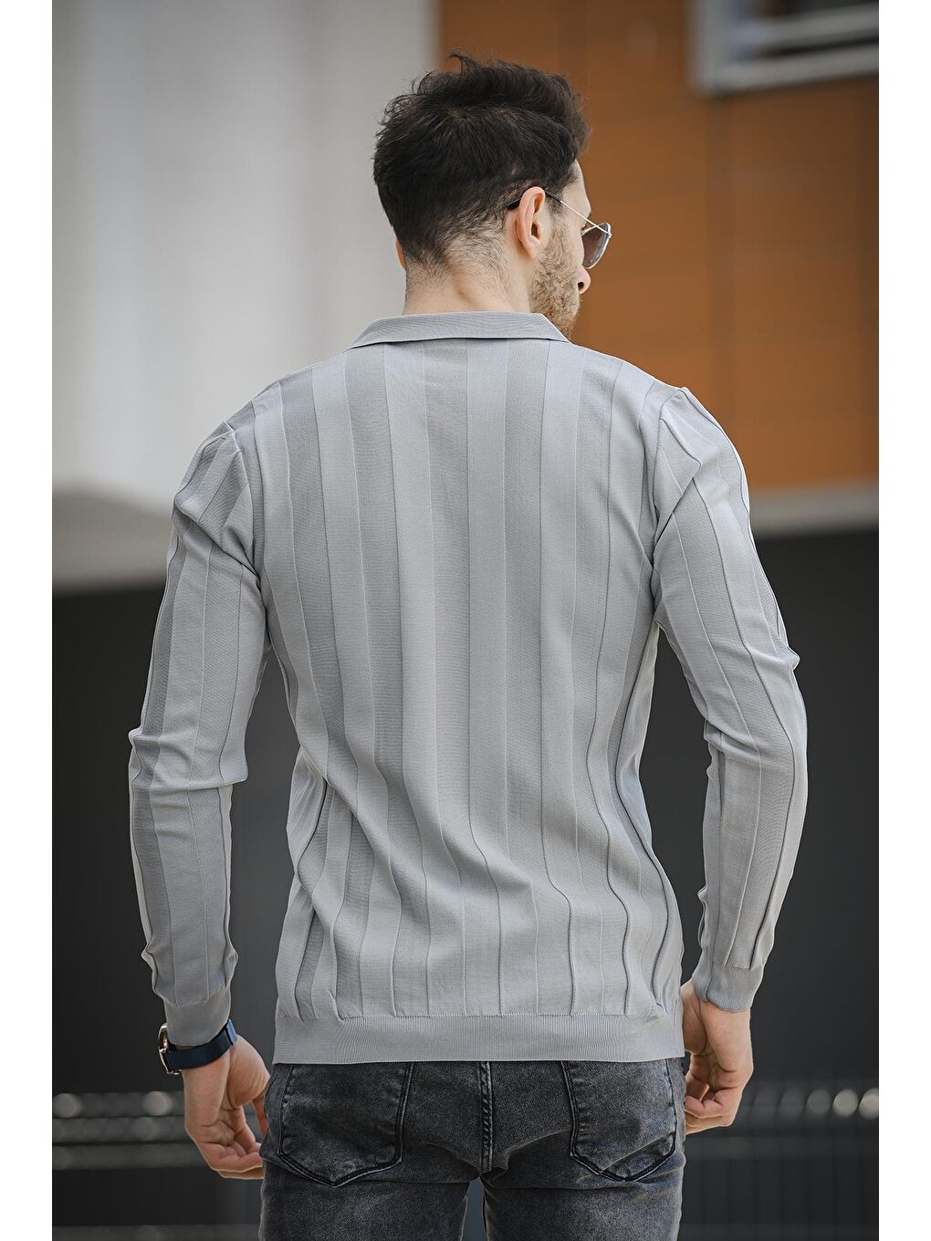 Gri Vilnius Slim Fit Çizgili Gömlek Yaka Yarım Fermuarlı Erkek Triko-3