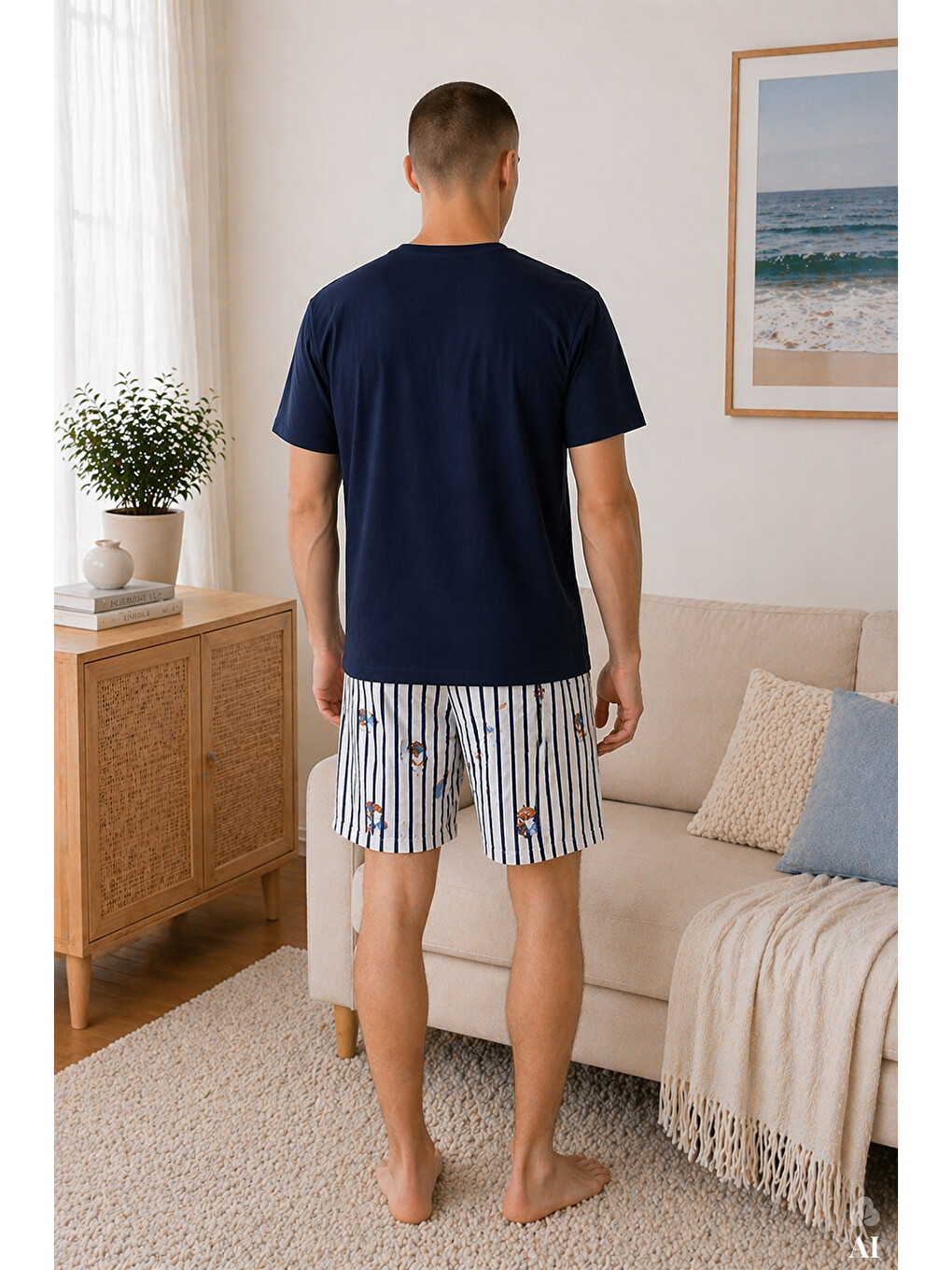 Erkek Pamuklu Lacivert Baskılı Çizgili Cepli Şortlu Pijama Takımı-3