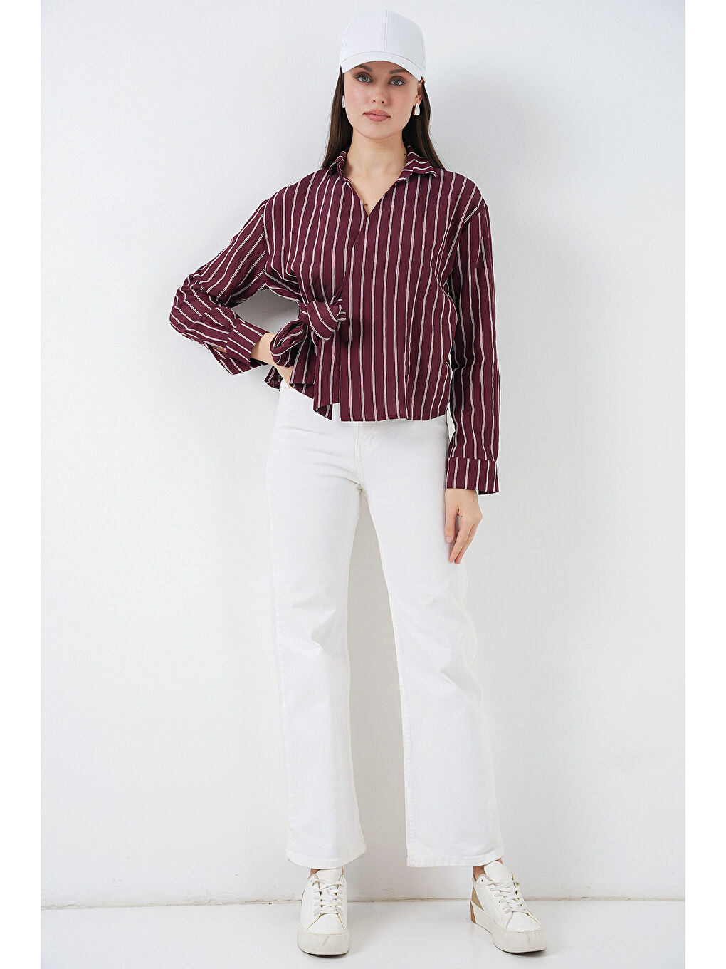 Kadın Önü Bağlamalı Çizgili Gömlek 20362 - Bordo-1