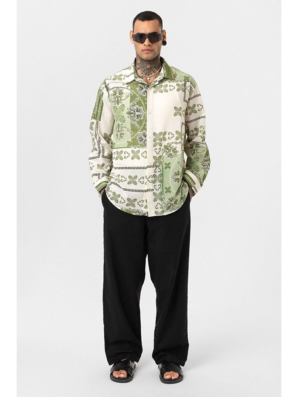 Etnik Desenli Oversize Gömlek Yeşil