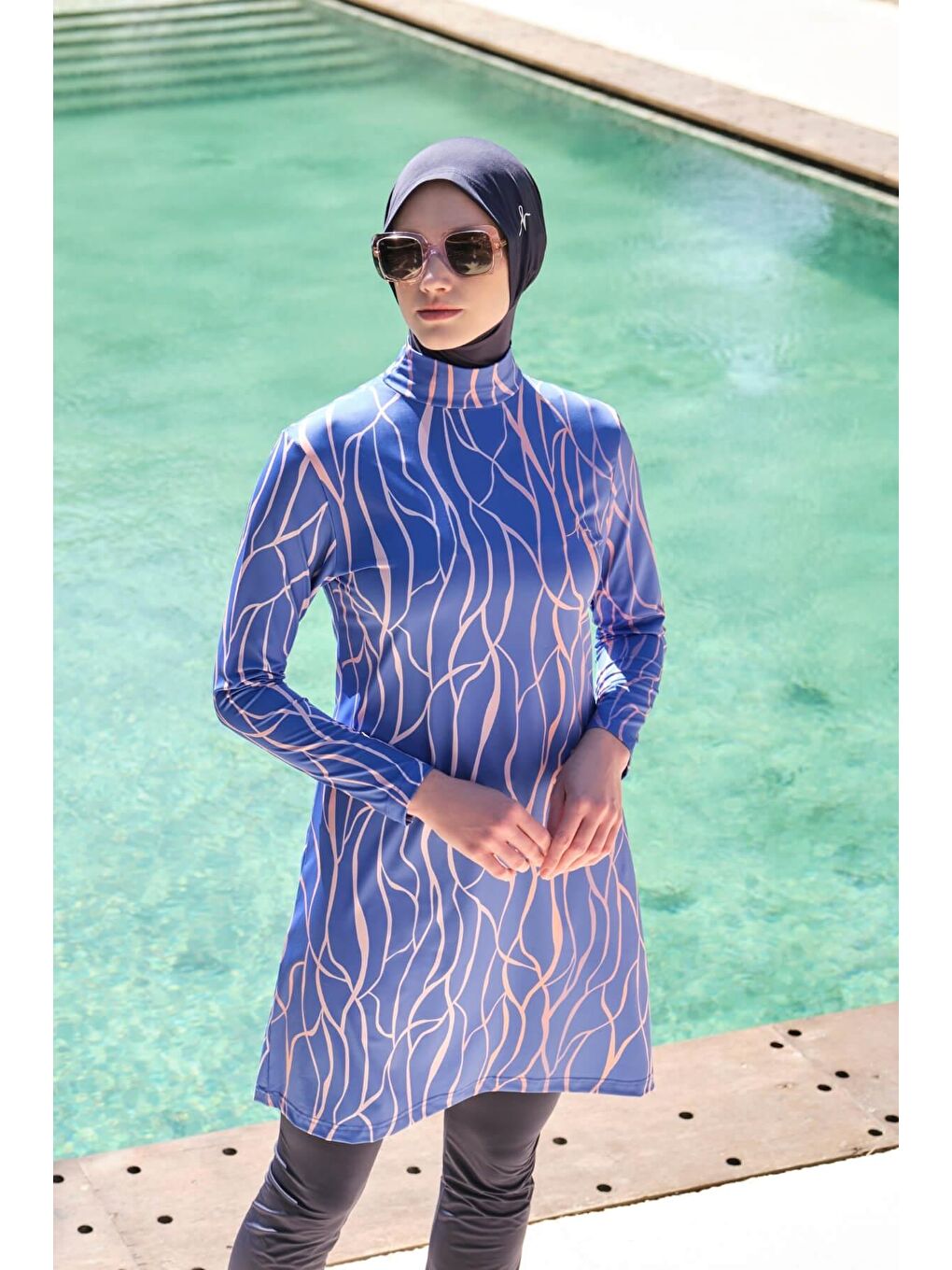 Çizgi Desenli Elastanlı Saks Mavisi 5 Parça Tam Tesettür Mayo Takımı 3161