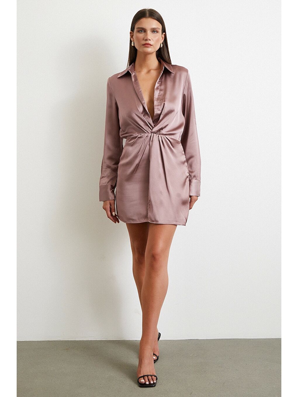 Viskon Saten Gömlek Elbise Yeşil-1