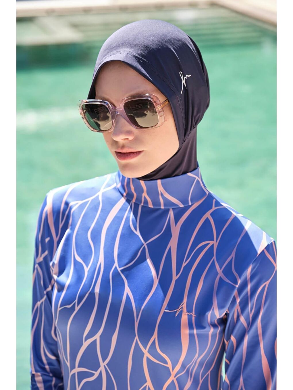 Çizgi Desenli Elastanlı Saks Mavisi 5 Parça Tam Tesettür Mayo Takımı 3161-1