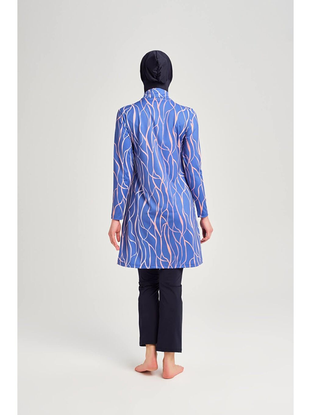 Çizgi Desenli Elastanlı Saks Mavisi 5 Parça Tam Tesettür Mayo Takımı 3161-2