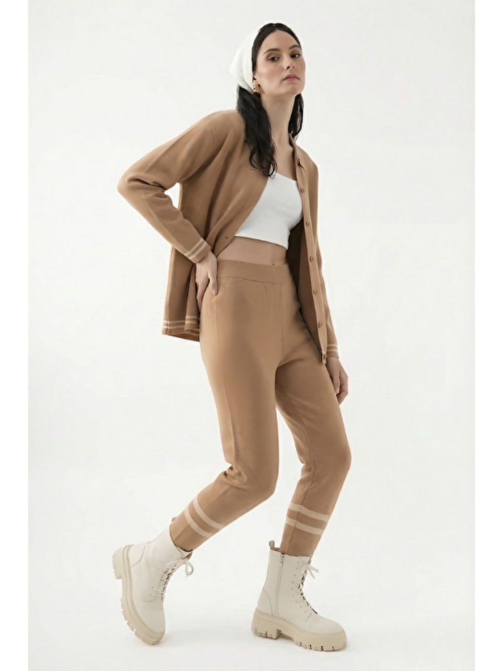 Kahverengi Çizgili Triko Pantolon Latte-1