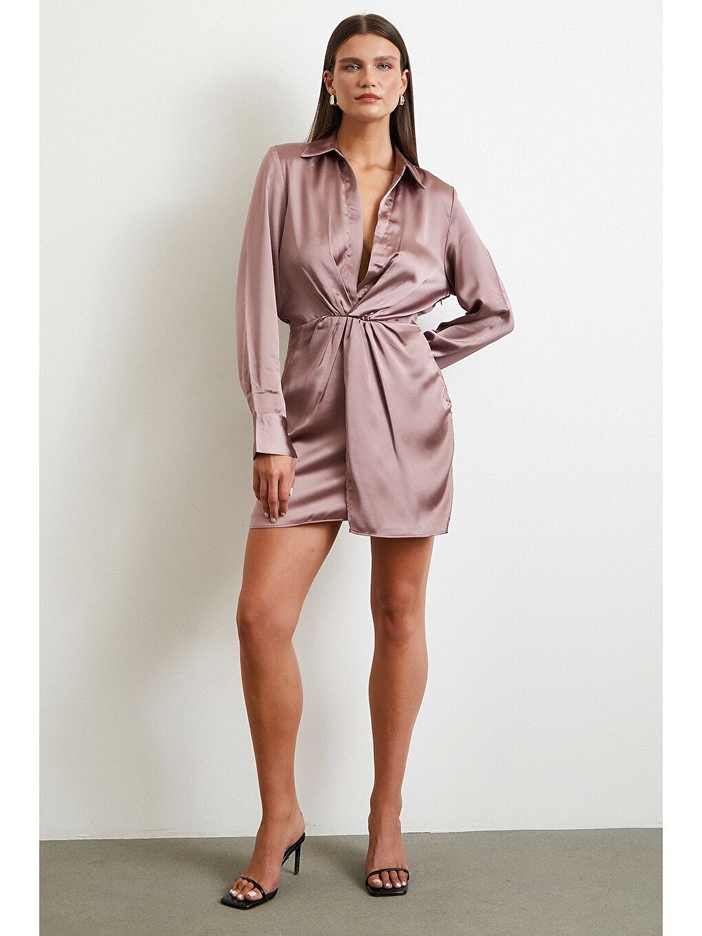 Viskon Saten Gömlek Elbise Yeşil-2