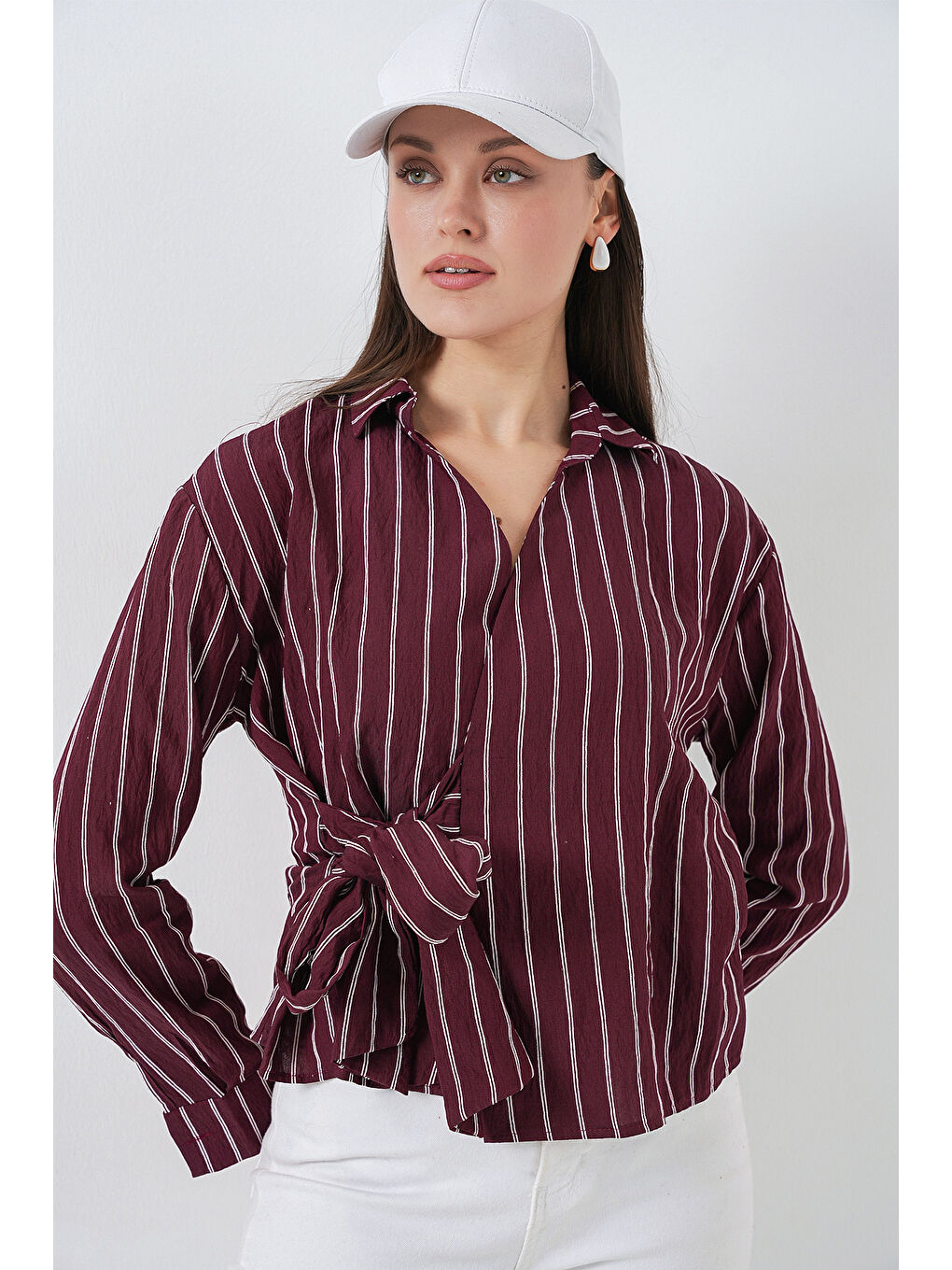 Kadın Önü Bağlamalı Çizgili Gömlek 20362 - Bordo-2
