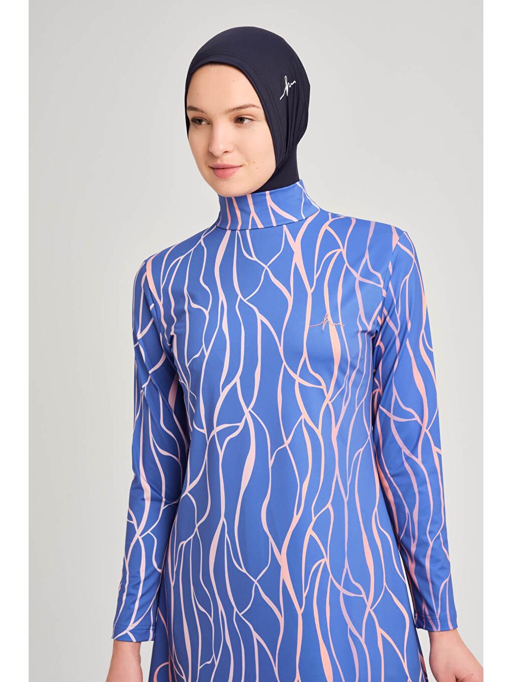 Çizgi Desenli Elastanlı Saks Mavisi 5 Parça Tam Tesettür Mayo Takımı 3161-3