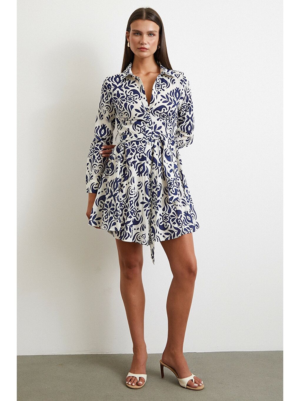 Godeli Desenli Elbise Lacivert-1