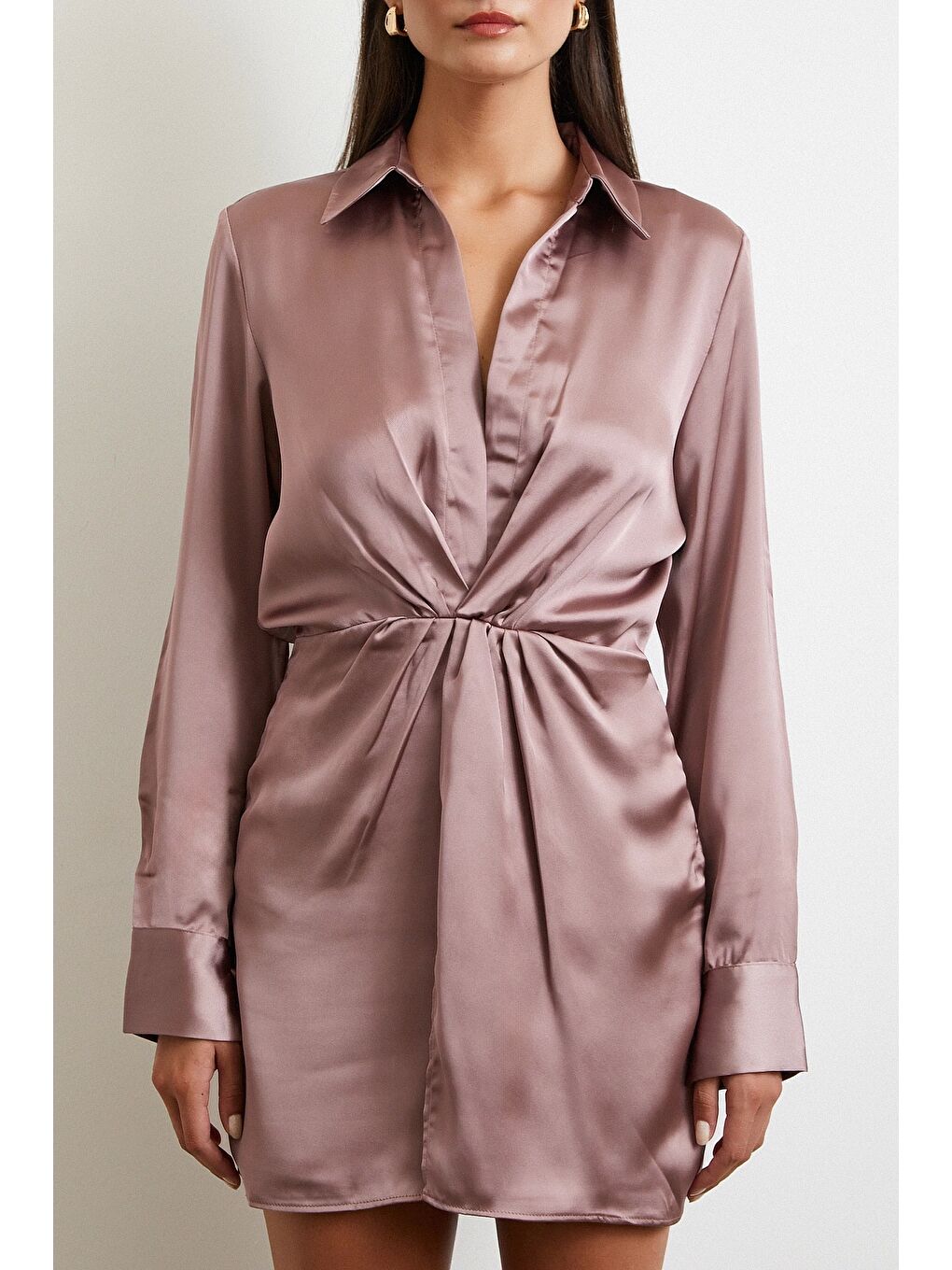 Viskon Saten Gömlek Elbise Yeşil-3