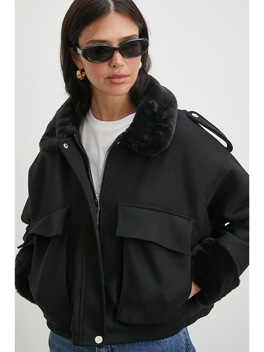 Apoletli Yünlü Körük Cepli Kaşe Mont Siyah-3