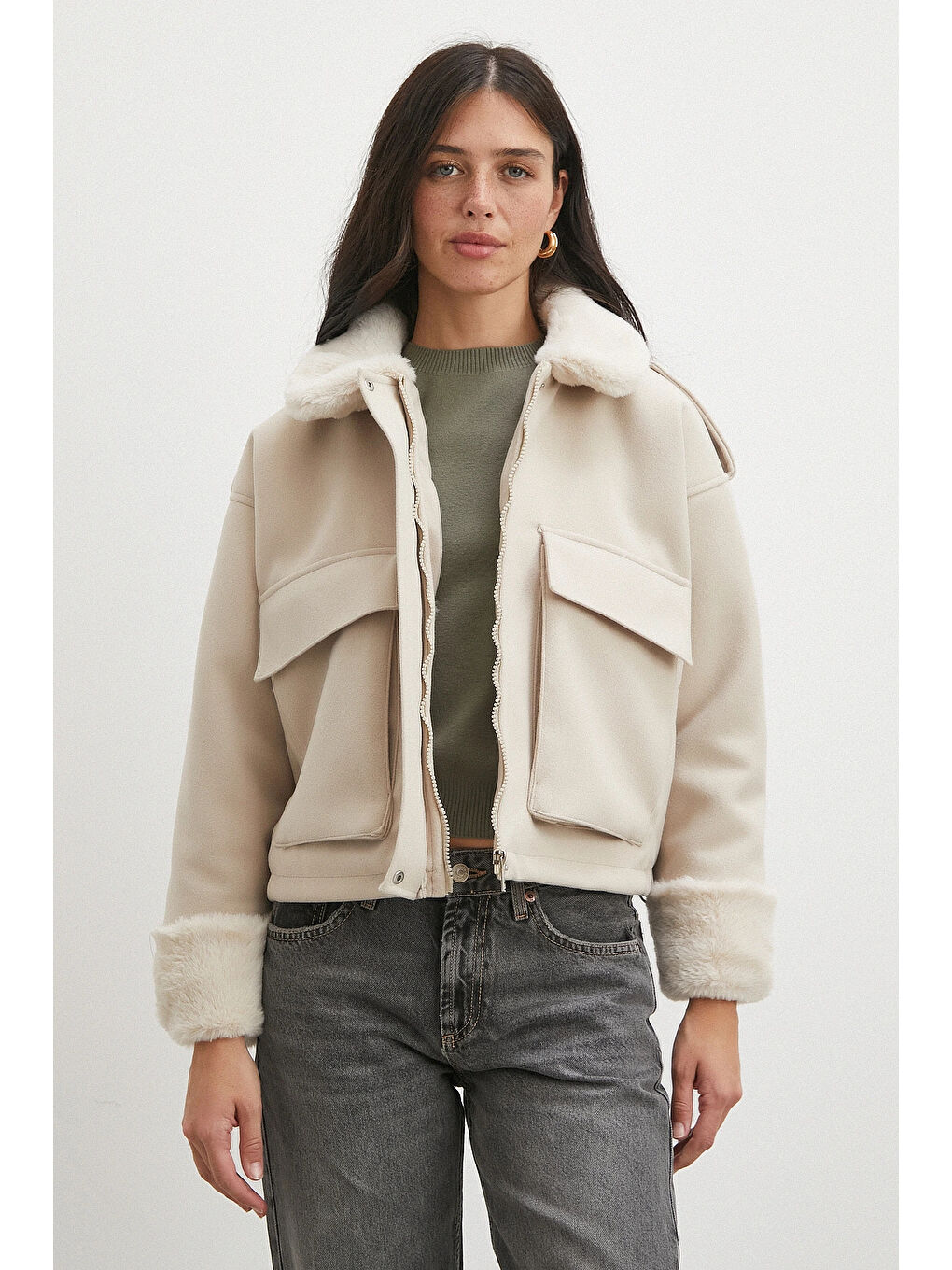 Apoletli Yünlü Körük Cepli Kaşe Mont Bej-2