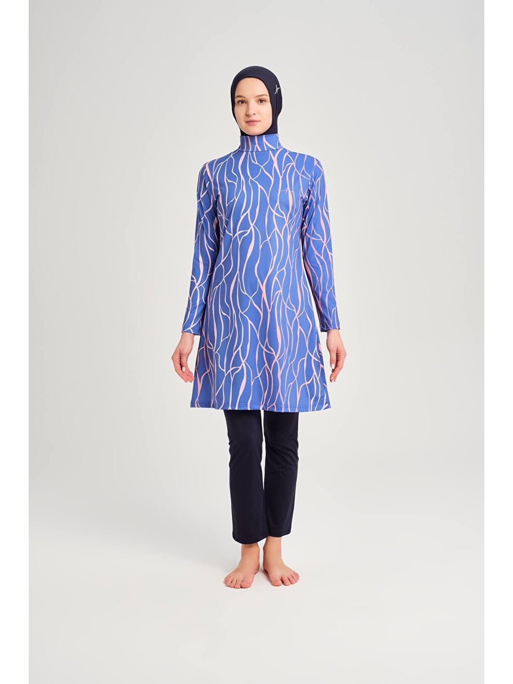 Çizgi Desenli Elastanlı Saks Mavisi 5 Parça Tam Tesettür Mayo Takımı 3161-5