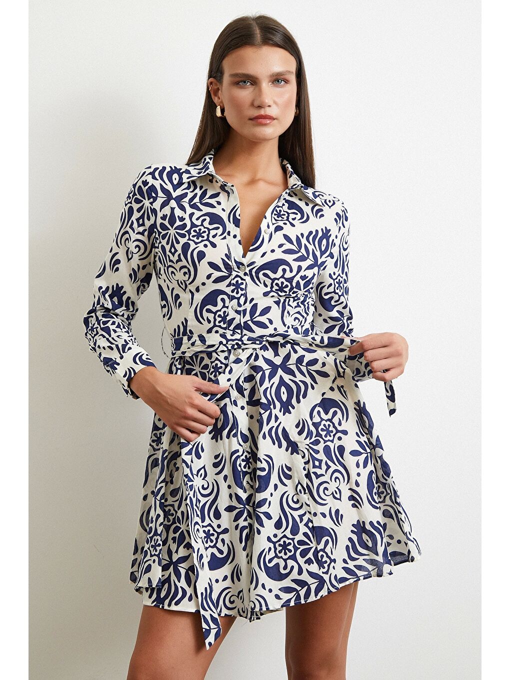 Godeli Desenli Elbise Lacivert-2