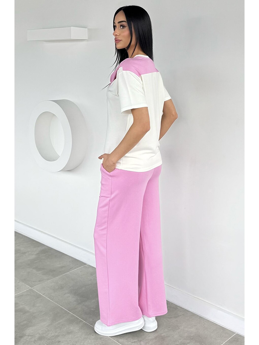 Pembe Kadın Bel Lastikli Pantolon Ön Bağlamalı Bluz İkili Takım-3