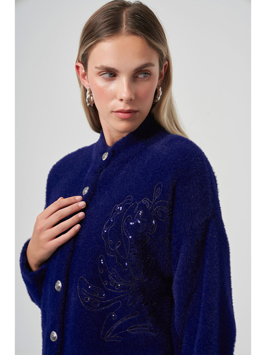 Mavi Nakış İşleme Detay Hırka 7007 Saks-3