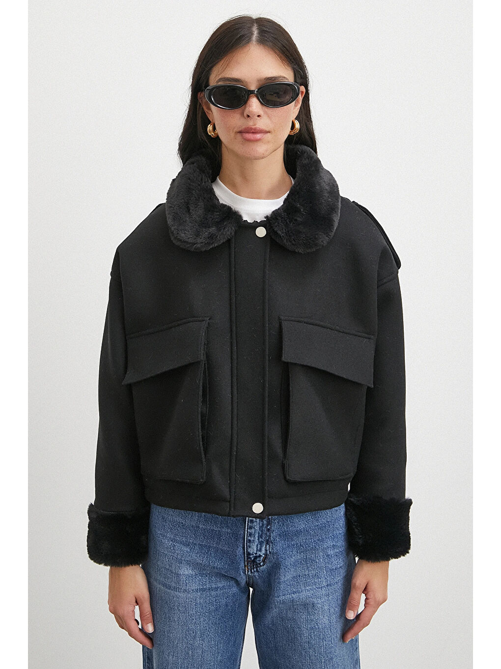 Apoletli Yünlü Körük Cepli Kaşe Mont Siyah-4