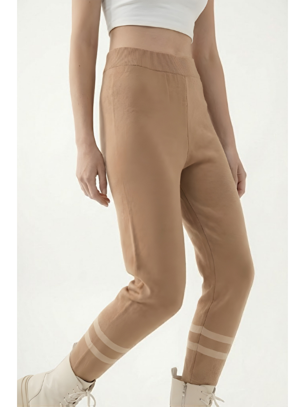 Kahverengi Çizgili Triko Pantolon Latte-2