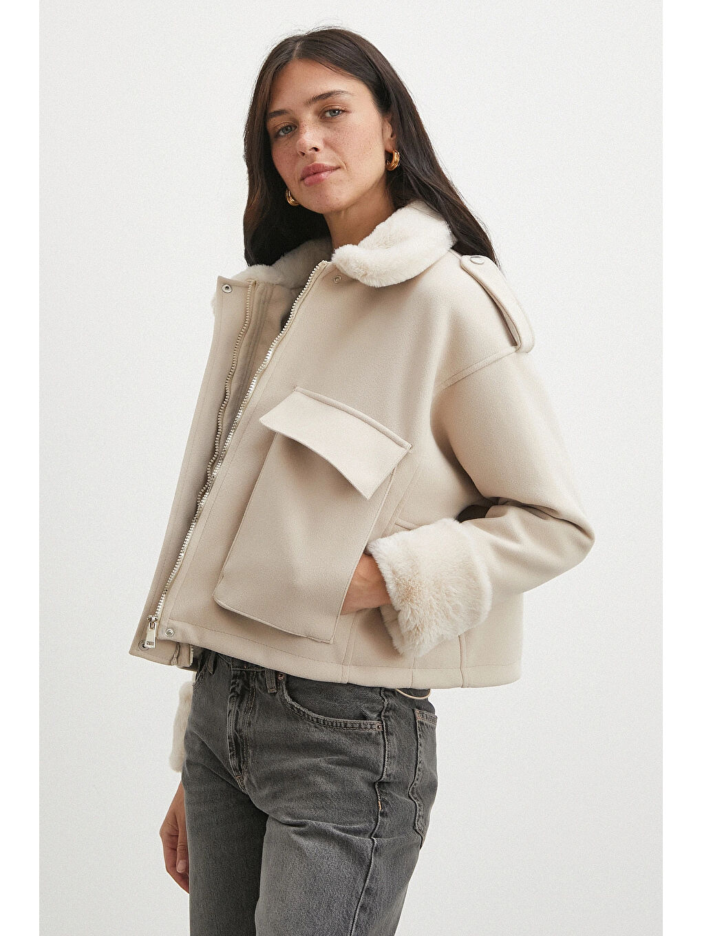 Apoletli Yünlü Körük Cepli Kaşe Mont Bej-3