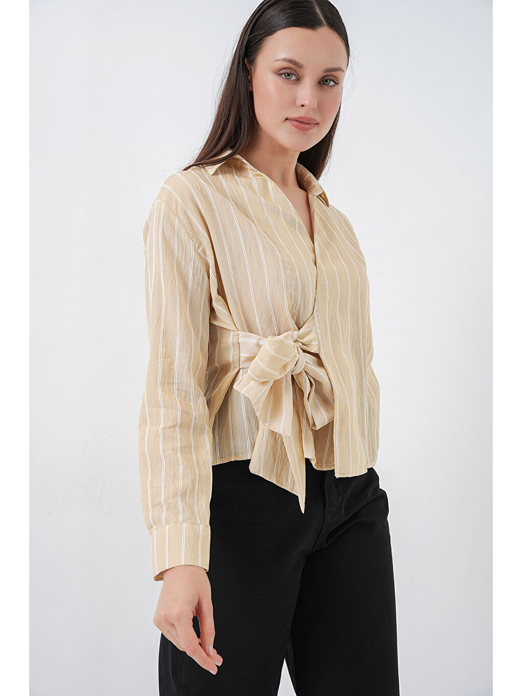 Kadın Önü Bağlamalı Çizgili Gömlek 20362 - Bej-3