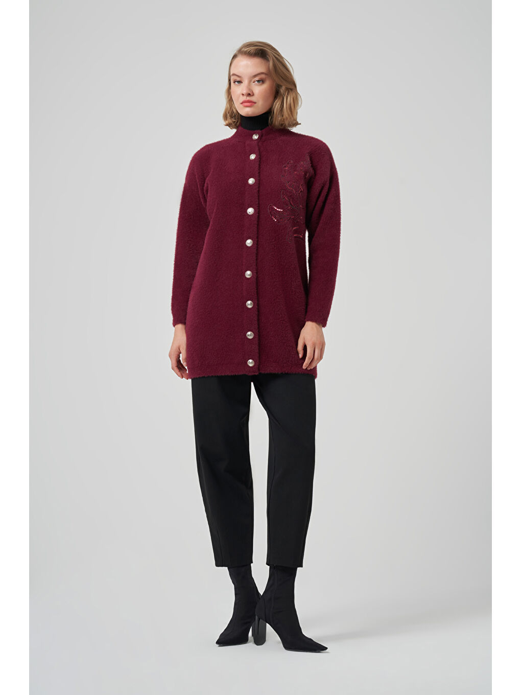 Nakış İşleme Detay Hırka 7007 Bordo-1