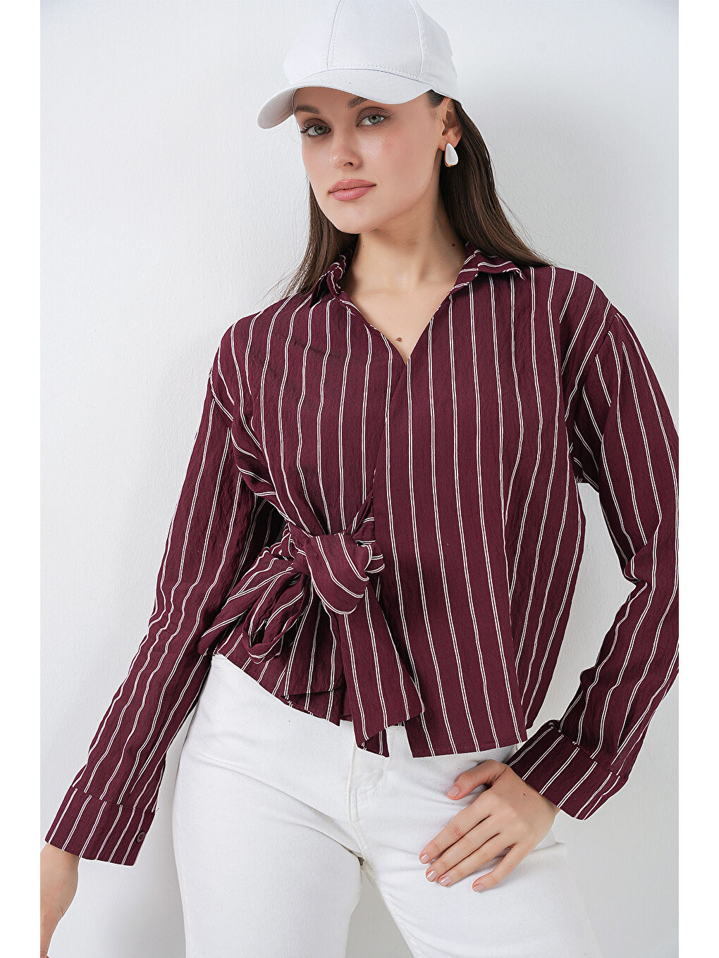Kadın Önü Bağlamalı Çizgili Gömlek 20362 - Bordo-4