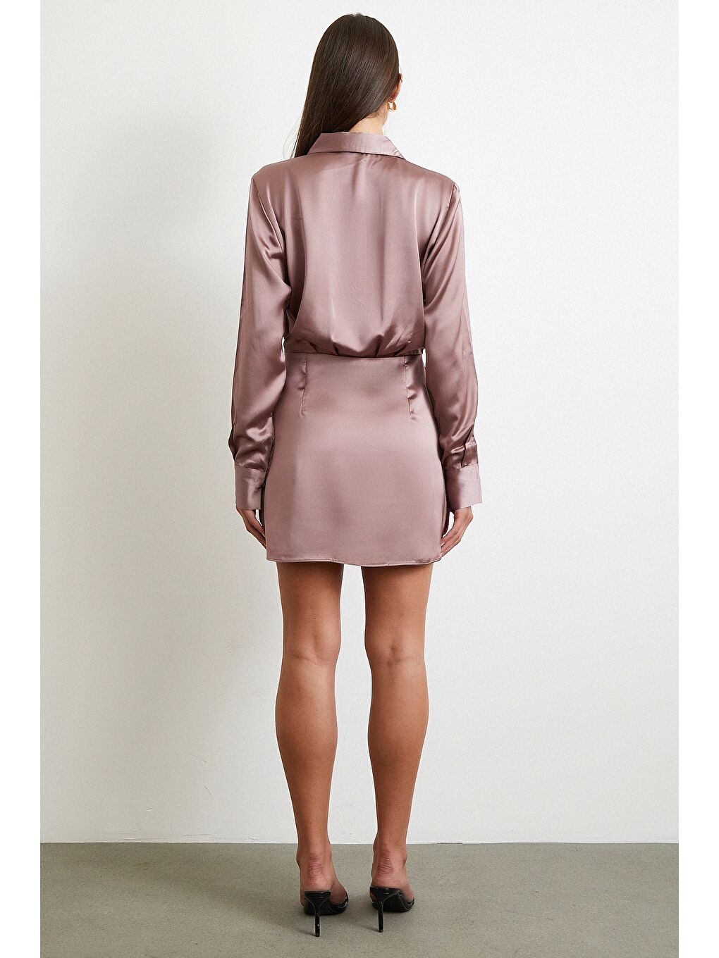 Viskon Saten Gömlek Elbise Yeşil-5