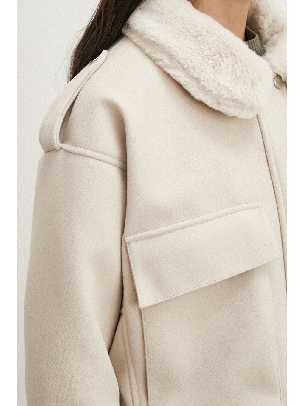 Apoletli Yünlü Körük Cepli Kaşe Mont Bej-4