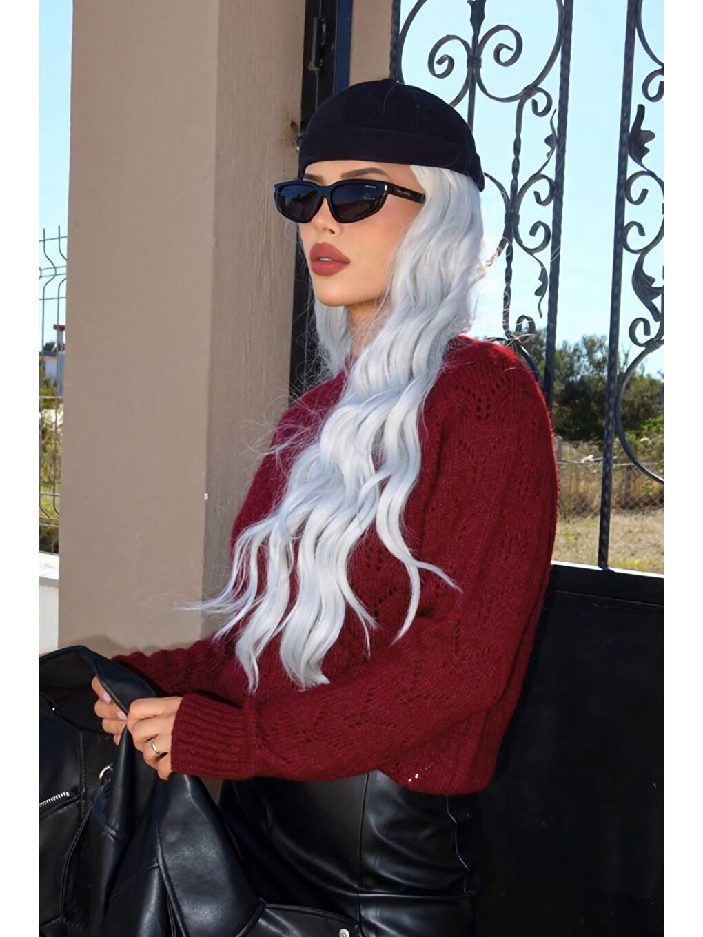 Bordo Yarım Balıkçı Yaka Desenli Triko Kazak E-133-4