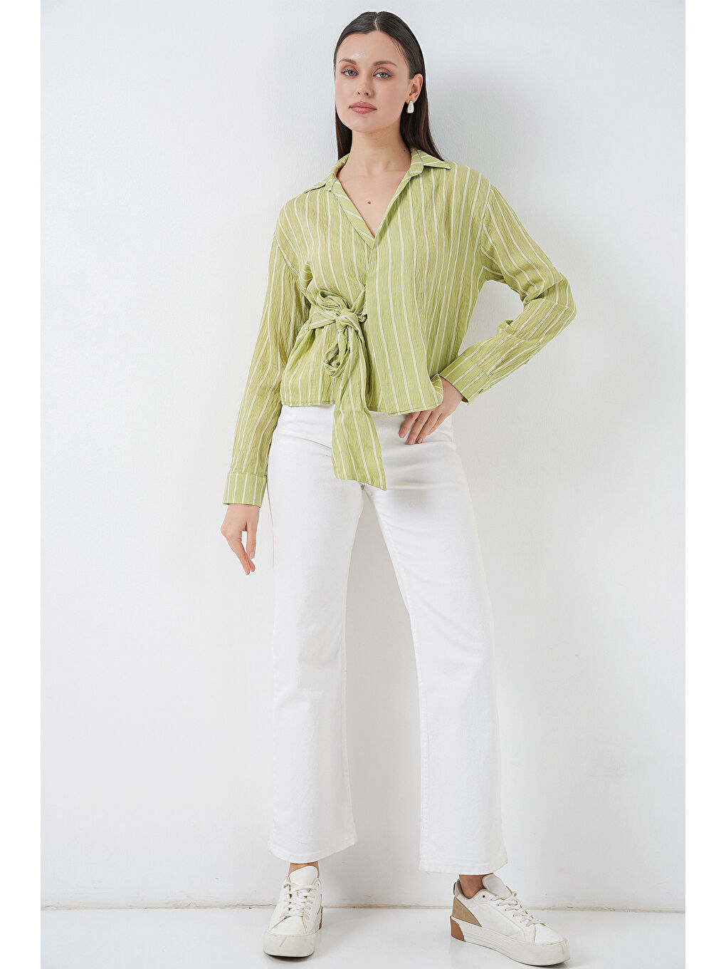 Kadın Önü Bağlamalı Çizgili Gömlek 20362 - E.Yeşil-1