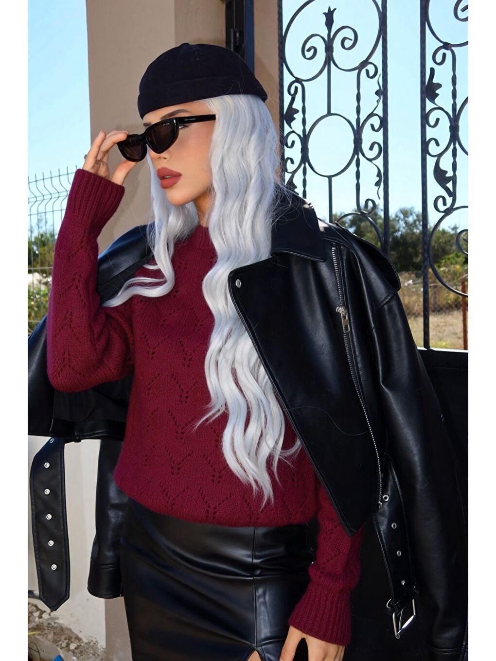 Bordo Yarım Balıkçı Yaka Desenli Triko Kazak E-133-1