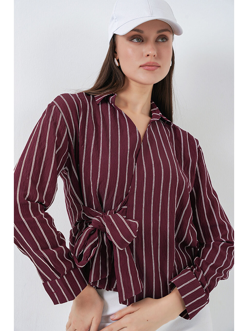 Kadın Önü Bağlamalı Çizgili Gömlek 20362 - Bordo-5