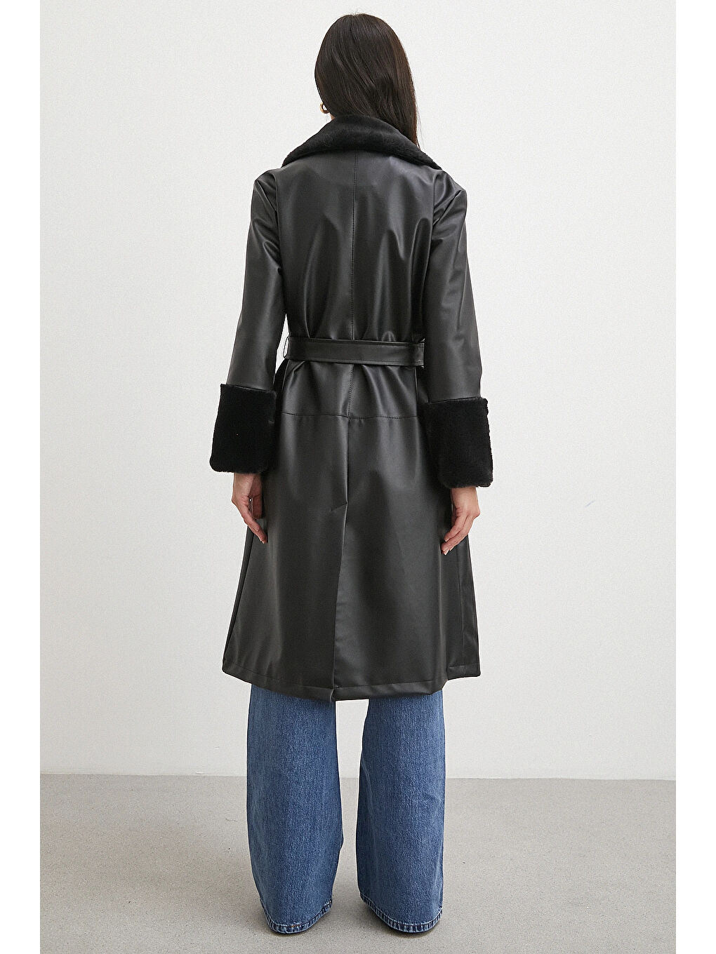 Kürklü Kuşaklı Deri Pardesü Siyah-5