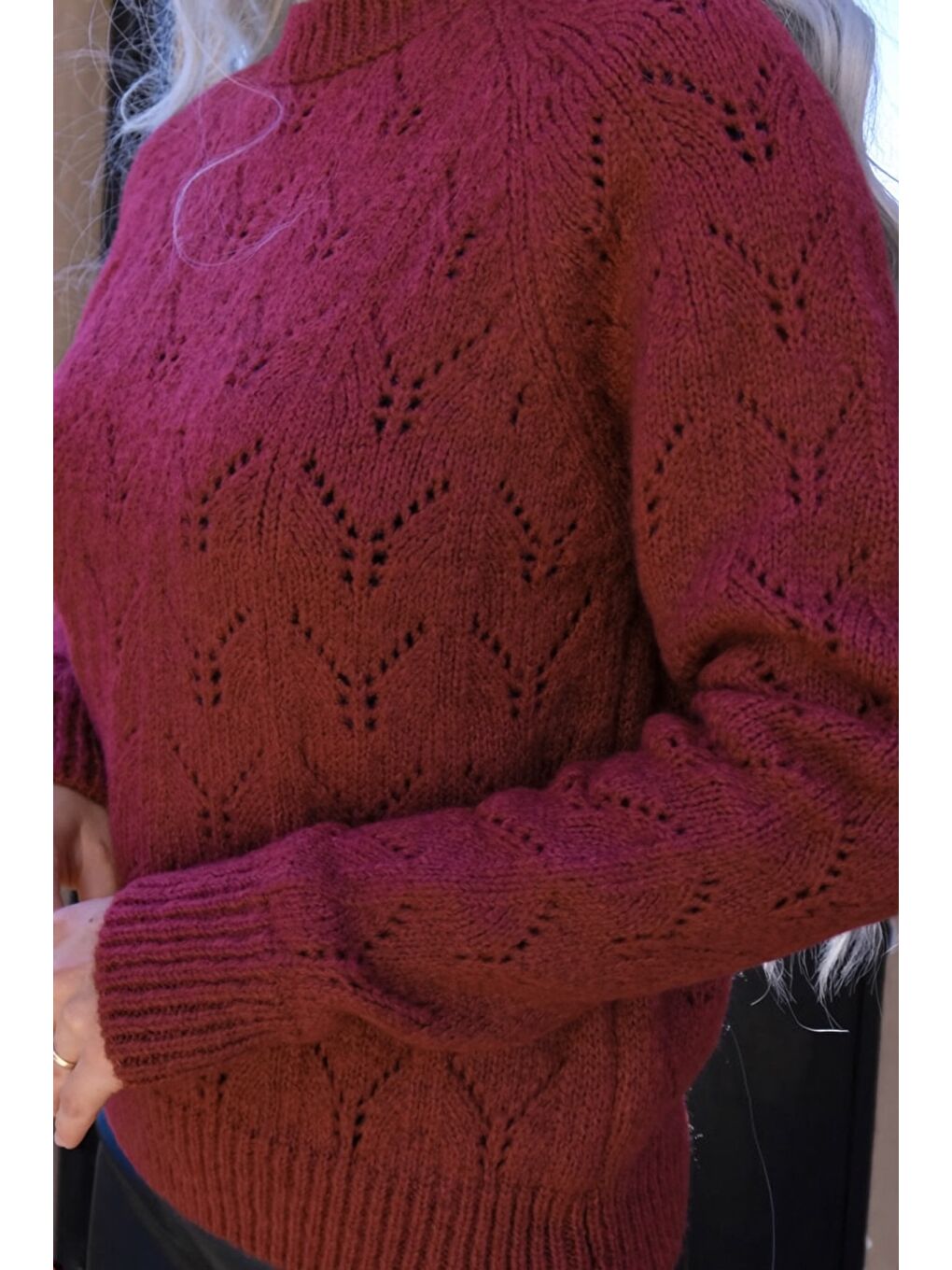 Bordo Yarım Balıkçı Yaka Desenli Triko Kazak E-133-2