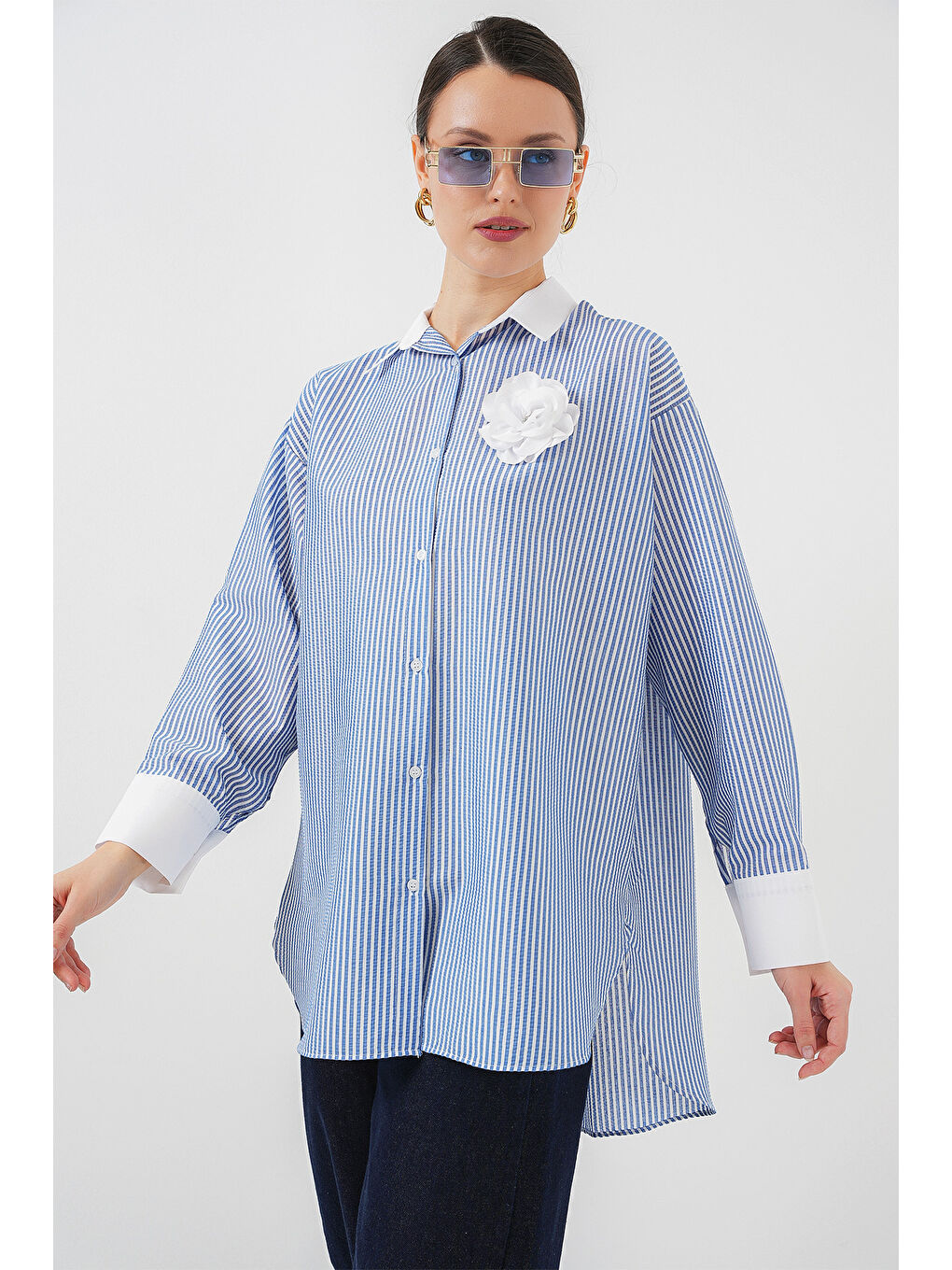 Kadın Uzun Çizgili Gömlek 5962 - Mavi