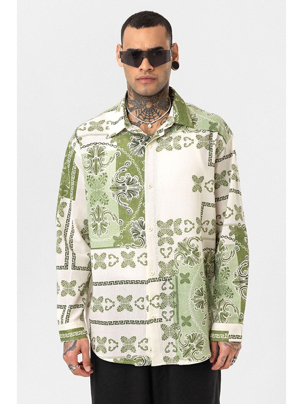 Etnik Desenli Oversize Gömlek Yeşil-2