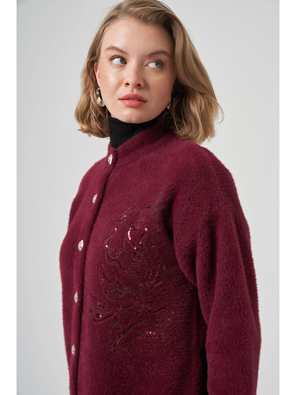 Nakış İşleme Detay Hırka 7007 Bordo-2