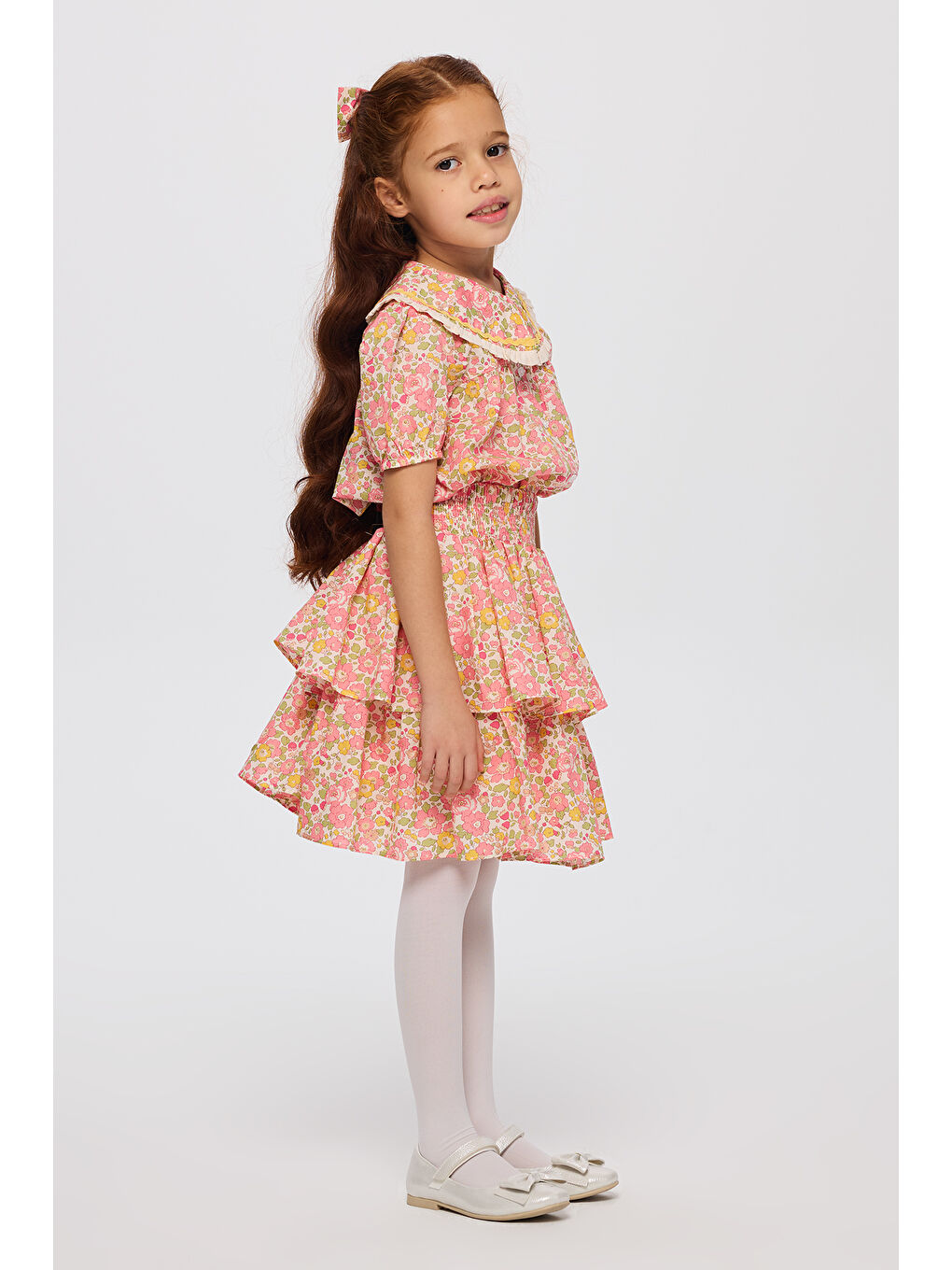 Pembe Liberty Kumaş Çiçek Desenli Kız Çocuk Etek-1