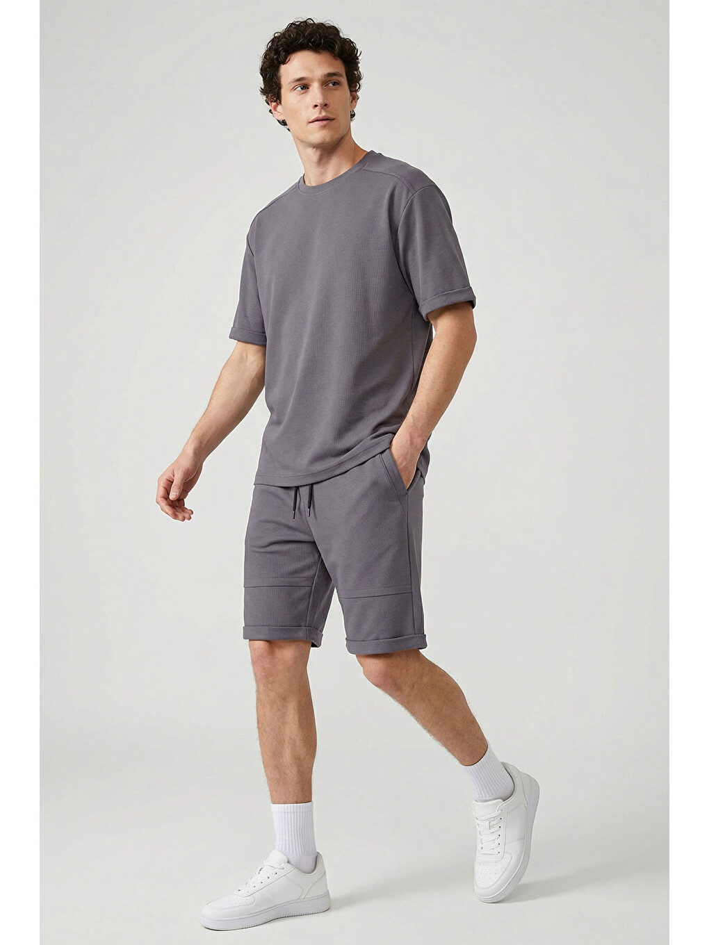 Koyu Gri Oversize Fit Yumuşak Dokulu Basic Erkek Şort Takım - 85274